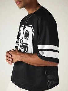 SUMWON Mens Oversized Mesh Football Jersey Tee Number 89 Crew Neck Short Sleeve Varsity Style Top - Black and White - View 5