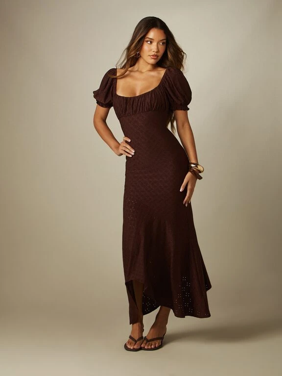 MISSGUIDED Eyelet Broderie Puff Sleeve Ruched Bust Asymmetric Hem Maxi Dress Summer Party Garden Party Brunch Brown Cottagecore,XS
