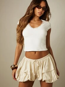 MISSGUIDED Bubble Balloon Mini Shorts With Cargo Pockets Elastic Drawstring Waist Summer Festival Style - Apricot - View 6