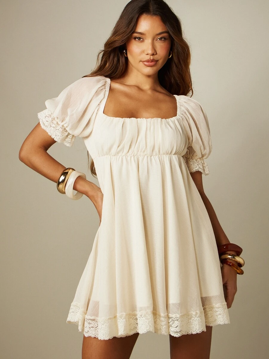 MISSGUIDED Smocked Babydoll Mini Dress With Puff Sleeves Lace Trim Square Neck Empire Waist Summer Boho Cream - Apricot - View 1