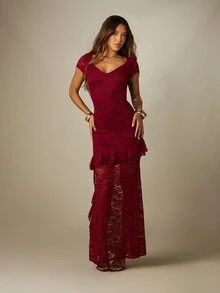 MISSGUIDED Floral Lace Cap Sleeve Frill Hem Dress Evening Dinner Gown Bodycon Mermaid Style Party Formal Occasion Wedding Burgundy Autumn Romantic Elegant - Red - View 4