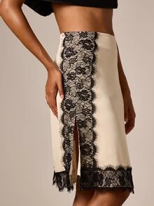 AiiRZ Satin A-Line Midi Skirt With Floral Black Lace Trim Detail And Front Slit Elegant Evening Style - Apricot - View 5