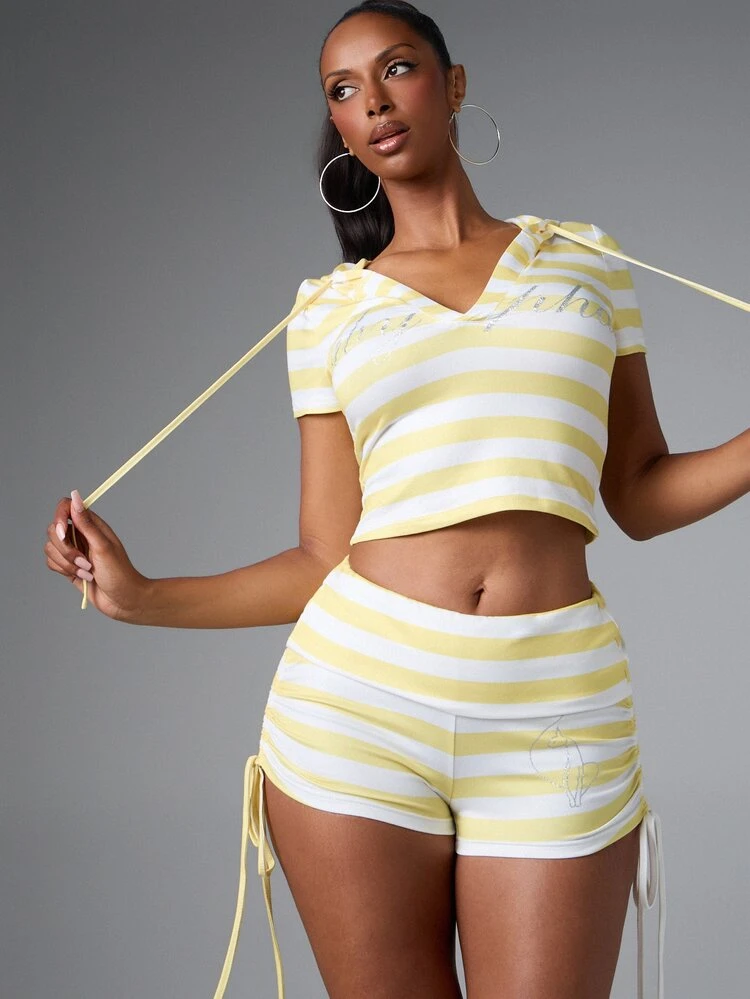 BABYPHAT STRIPE PRINT JERSEY RUCHED DETAIL SHORTS
