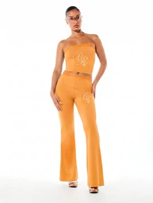 BABYPHAT Lace Trim Low Waist Flare Leggings With Rhinestone Logo Detail For Casual Everyday Wear - Orange - View 4