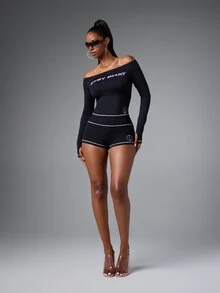 BABYPHAT Fold Over Waist Mini Shorts With Logo Detail And Lavender Contrast Stitching - Black - View 3