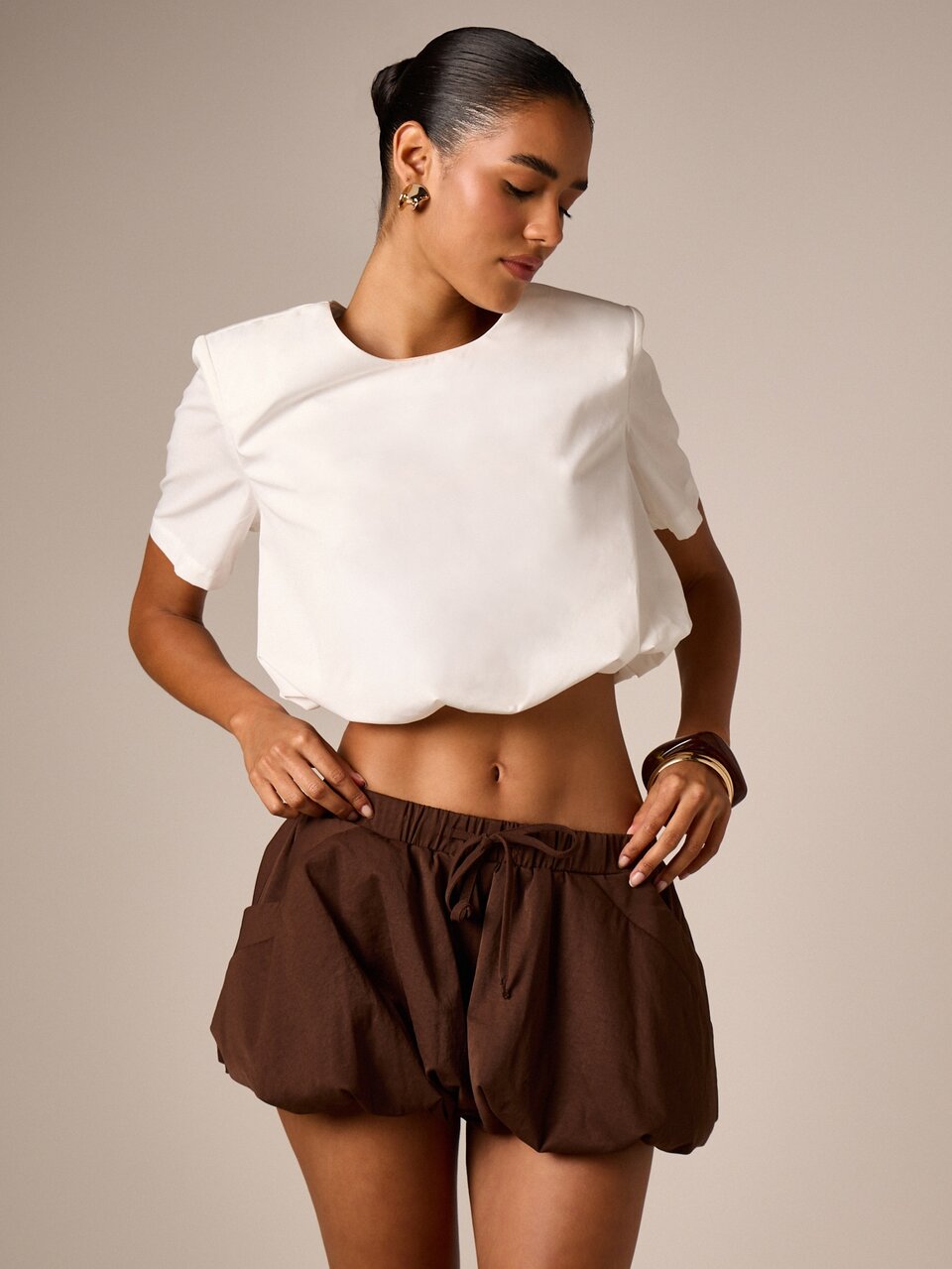 Crop T-Shirt With Puffball Bubble Hem