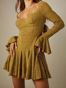 MISSGUIDED Stretch Lace Long Sleeve Frill Bell Cuff Underwired Cupped Skater Mini Dress Party - Mustard Yellow - View 4