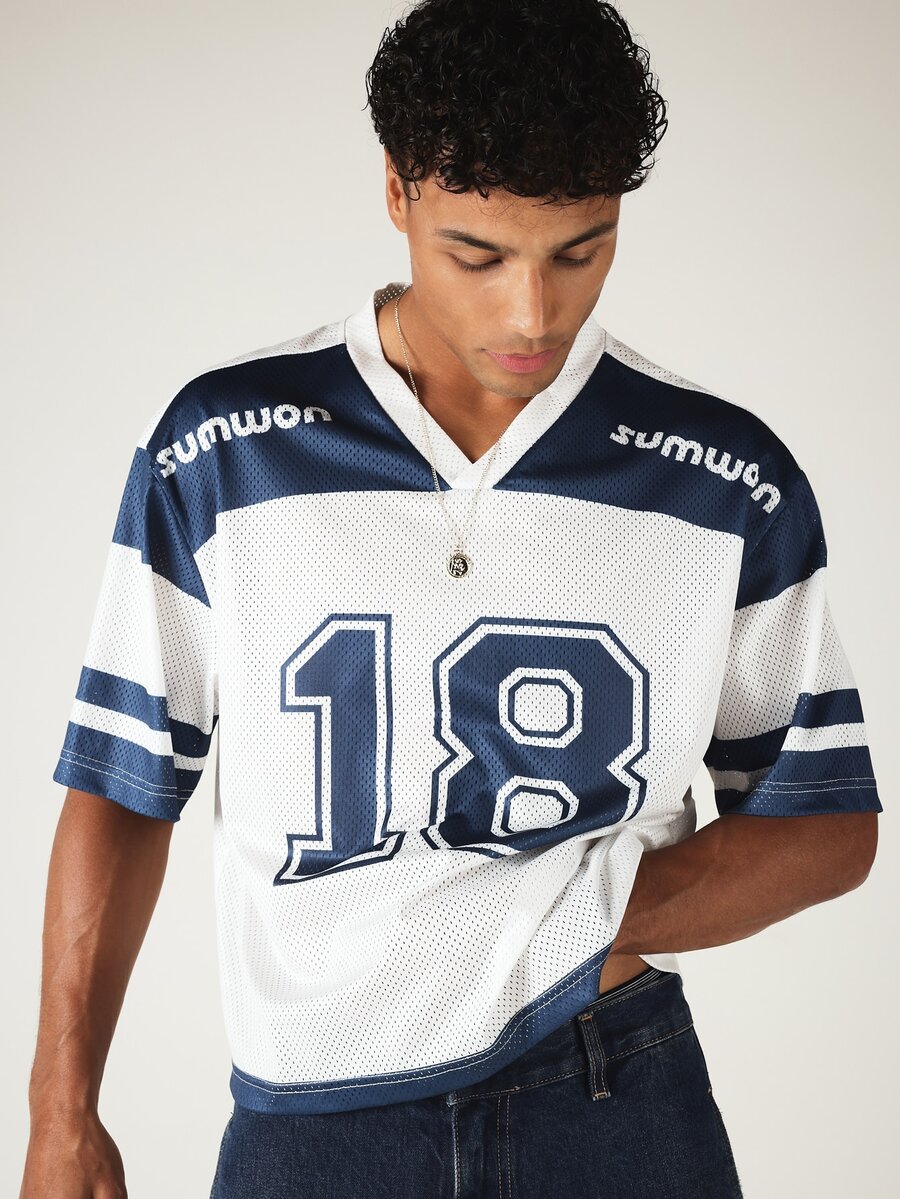 SUMWON Mesh Football Jersey V-Neck Color Block Number 18 Short Sleeve Oversized Tee - Blue and White - View 1