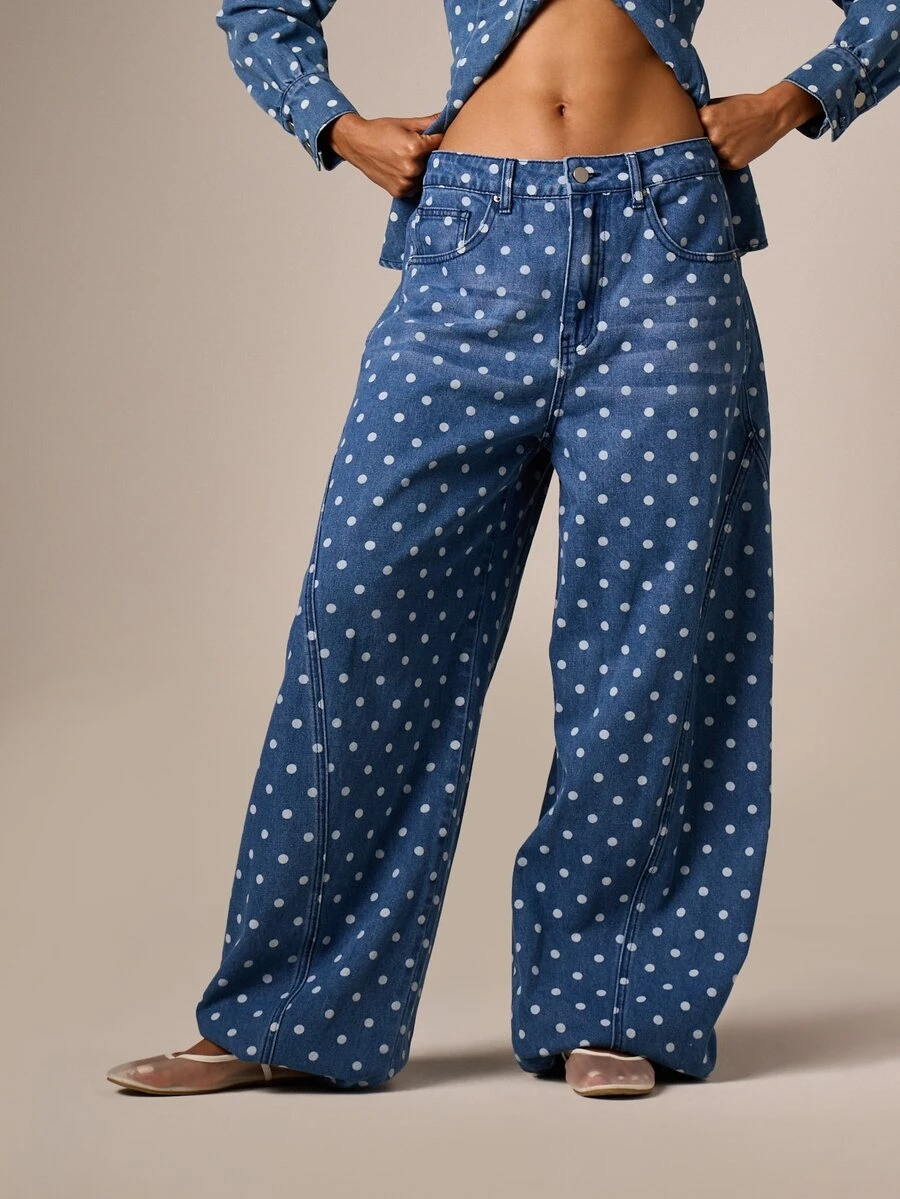 AiiRZ Polka Dot Wide Leg Barrel Jean With All-Over Print, Mid Rise, Full Length Denim Pants, Vintage Style - Blue - View 1