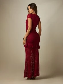 MISSGUIDED Floral Lace Cap Sleeve Frill Hem Dress Evening Dinner Gown Bodycon Mermaid Style Party Formal Occasion Wedding Burgundy Autumn Romantic Elegant - Red - View 2