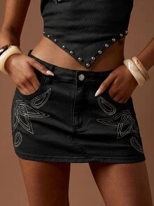MISSGUIDED Stretch Denim Mini Skirt With Western Floral Embroidery Low Rise Button Closure Festival Concert Summer - Black - View 1