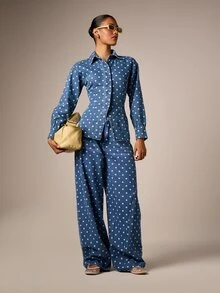 AiiRZ Polka Dot Wide Leg Barrel Jean With All-Over Print, Mid Rise, Full Length Denim Pants, Vintage Style - Blue - View 2