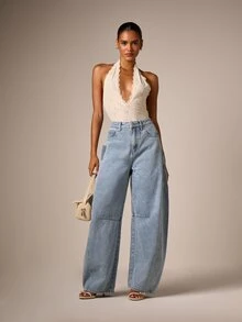 AiiRZ Barrel Leg High Rise Wide Leg Denim Jeans With Curved Silhouette Panel Seam Detail Light Wash Relaxed Fit - Light Wash - View 5