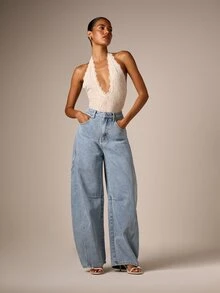 AiiRZ Barrel Leg High Rise Wide Leg Denim Jeans With Curved Silhouette Panel Seam Detail Light Wash Relaxed Fit - Light Wash - View 2