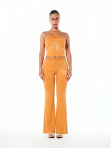 BABYPHAT Lace Trim Low Waist Flare Leggings With Rhinestone Logo Detail For Casual Everyday Wear - Orange - View 3