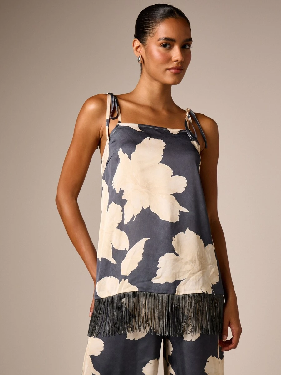 AiiRZ Floral Print Tie Shoulder Cami Top With Fringe Hem Detail Square Neck Sleeveless Summer Vacation Style Brunch Dark Grey European Elegant - Multicolor - View 1