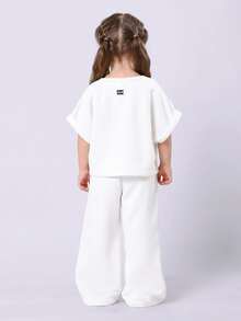 SUMWON Setelan Kaos dan Celana Panjang Lebar Bordir Happy Days dengan Lengan Lipat untuk Balita - Blue and White - View 2