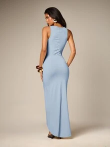 AiiRZ Ruffle Front V-Neck Maxi Dress With Front Slit And Sleeveless Design For Summer Vacation And Evening Occasions - Blue - View 3