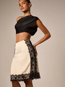 AiiRZ Satin A-Line Midi Skirt With Floral Black Lace Trim Detail And Front Slit Elegant Evening Style - Apricot - View 4