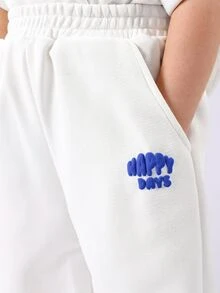 SUMWON Setelan Kaos dan Celana Panjang Lebar Bordir Happy Days dengan Lengan Lipat untuk Balita - Blue and White - View 7