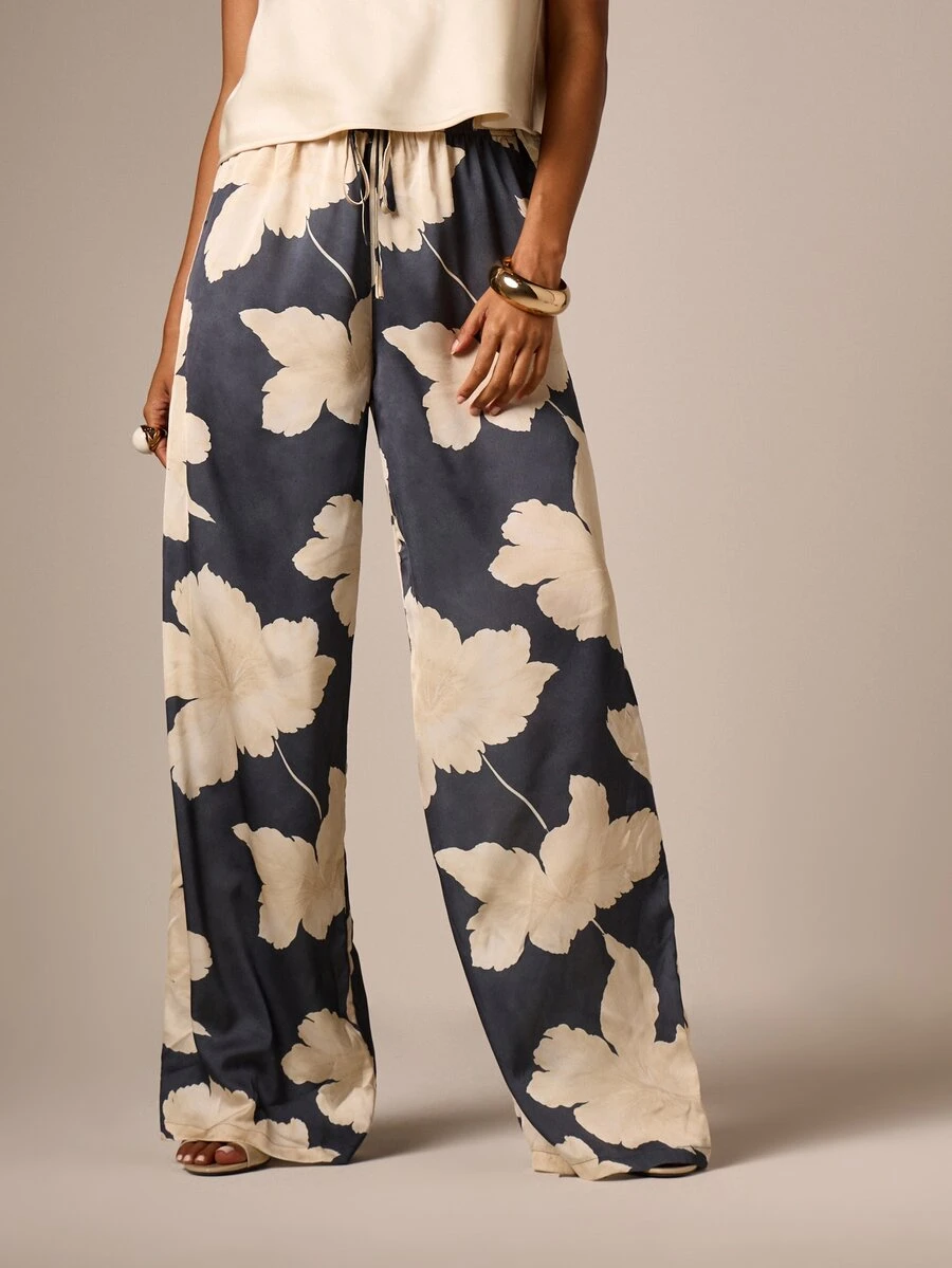 AiiRZ Floral Print Satin Wide Leg Trouser With Elastic Drawstring Waist Palazzo Pants Summer Party - Multicolor - View 1