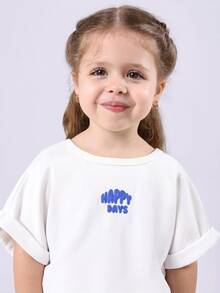 SUMWON Setelan Kaos dan Celana Panjang Lebar Bordir Happy Days dengan Lengan Lipat untuk Balita - Blue and White - View 5