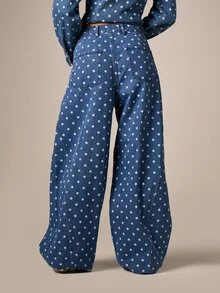 AiiRZ Polka Dot Wide Leg Barrel Jean With All-Over Print, Mid Rise, Full Length Denim Pants, Vintage Style - Blue - View 3