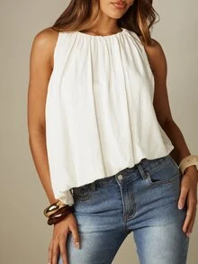 MISSGUIDED Blusa de verano para vacaciones con cuello halter, top sin mangas con bajo asimétrico tipo burbuja, fluido y con escote fruncido - Blanco - Ver 4