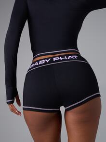 BABYPHAT Fold Over Waist Mini Shorts With Logo Detail And Lavender Contrast Stitching - Black - View 2