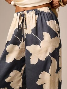 AiiRZ Floral Print Satin Wide Leg Trouser With Elastic Drawstring Waist Palazzo Pants Summer Party - Multicolor - View 4