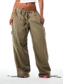 SUMWON WOMEN Wide Leg Parachute Cargo Pants With Drawstring Waist, Cargo Pockets, And Adjustable Hem Ties - Army Green - View 1