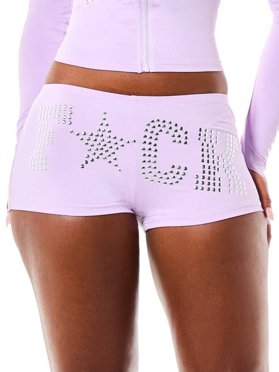 SUMWON WOMEN Studded Slinky Jersey Booty Short With Star Embellishment And Cargo Patch Pockets Festival Mini Short - Purple - View 1