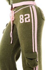 SUMWON WOMEN Varsity Numeric Knitted Wide Leg Cargo Jogger Pants With Side Stripe Drawstring Waist Star Detail - Green - View 5