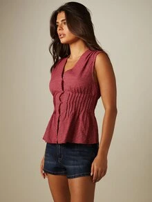 MISSGUIDED 格紋褶皺無袖V領鈕扣式上衣 抓皺腰部荷葉邊夏季上衣 - 彩色 - 查看 4