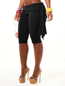 SUMWON WOMEN Low Rise Tie Waist Knitted Capri Pants With Ribbed Texture And Rolled Hem Detail - Black - View 4