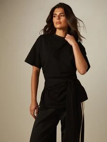 MISSGUIDED 收腰繫帶設計寬鬆圓領短袖T恤休閒日常上衣 - 黑色 - 查看 4
