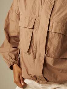 MISSGUIDED Lightweight Utility Windbreaker Jacket With Cargo Pockets Stand Collar Zip Closure Oversized Fit - Brown - View 5