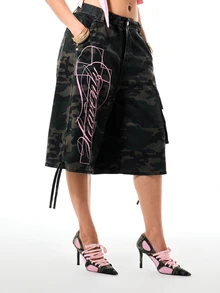 SUMWON WOMEN Camo Cargo Bermuda Shorts With Pink Script Embroidery And Drawstring Hem Detail Knee Length - Army Green - View 1