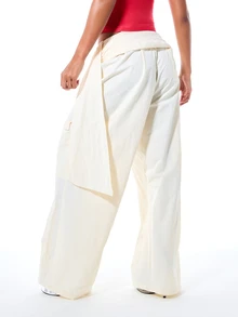 SUMWON WOMEN Ruched Folded Waistband Wide Leg Parachute Cargo Trousers With Patch Pockets Style Casual Beach Off-White - Apricot - View 2