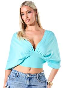 SUMWON WOMEN Deep Plunge V-Neck Knit Crop Top With Batwing Sleeves Ruched Bust Detail Summer Style - Blue - View 6