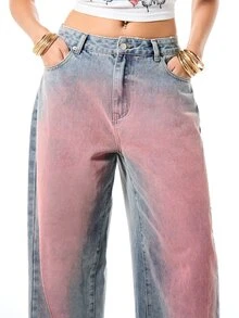 SUMWON WOMEN Baggy Wide Leg Jeans With Pink Spray Dye Effect, Low Rise Denim Pants, Vintage-Inspired Street Style - Light Wash - View 4