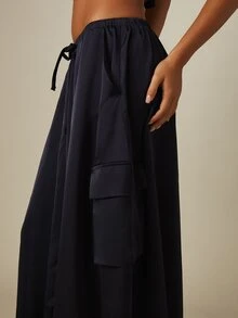 MISSGUIDED Satin Cargo Balloon Pants With Elastic Waist Drawstring And Large Cargo Pockets Full Length Relaxed Fit - Navy Blue - View 4