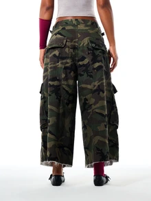 SUMWON WOMEN Camo Cargo Wide Leg Pants With Multi Pockets Raw Hem And Adjustable Belt Detail - Multicolor - View 2