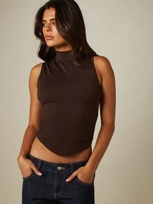 MISSGUIDED Sleeveless High Neck Fitted Crop Tank Top Mock Neck Bodycon Vest Casual Chic Style - Coffee Brown - View 1