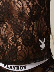 Missguided x Playboy 不對稱單肩透視花卉蕾絲短版上衣，附兔子標誌細節 - 黑色 - 查看 5