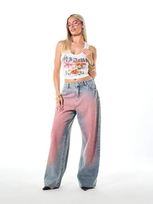 SUMWON WOMEN Baggy Wide Leg Jeans With Pink Spray Dye Effect, Low Rise Denim Pants, Vintage-Inspired Street Style - Light Wash - View 7
