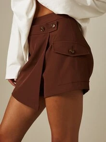 MISSGUIDED 迷你裙褲，不對稱包覆式腰帶、口袋細節、鈕扣開合、高腰修身短褲 - 咖啡棕 - 查看 5