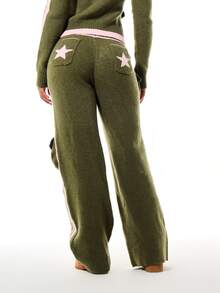 SUMWON WOMEN Varsity Numeric Knitted Wide Leg Cargo Jogger Pants With Side Stripe Drawstring Waist Star Detail - Green - View 2