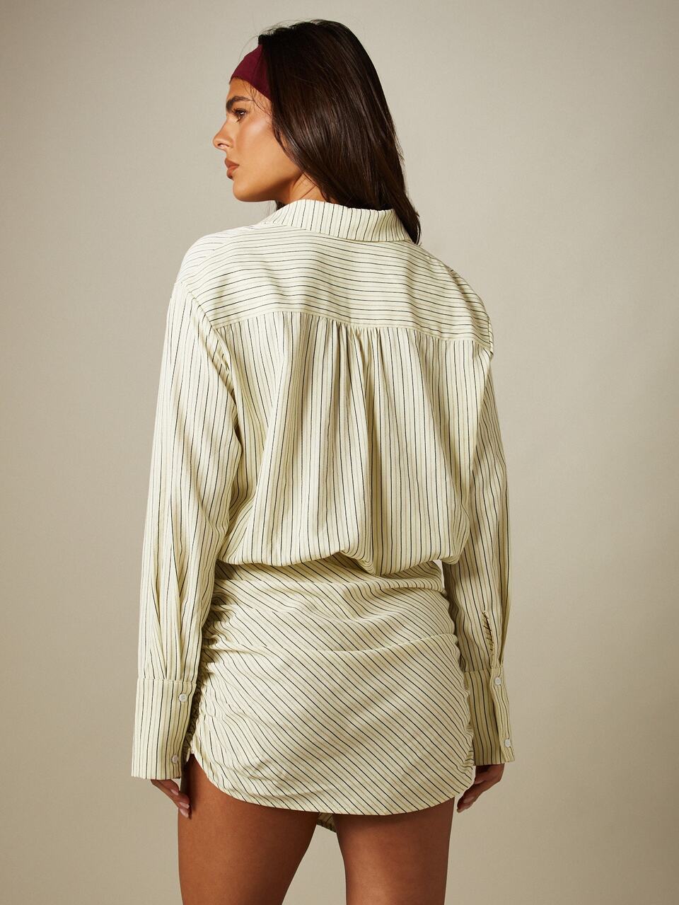 MISSGUIDED Black And White Striped Shirt Mini Dress With Cinched Waist Ruched Skirt Collared Button Down Long Sleeve Autumn Casual Business Casual Brunch Office