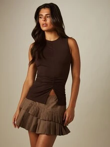 MISSGUIDED Sleeveless Ruched Front Crew Neck Tank Top Fitted Bodycon Vest Summer Casual Style - Brown - View 4